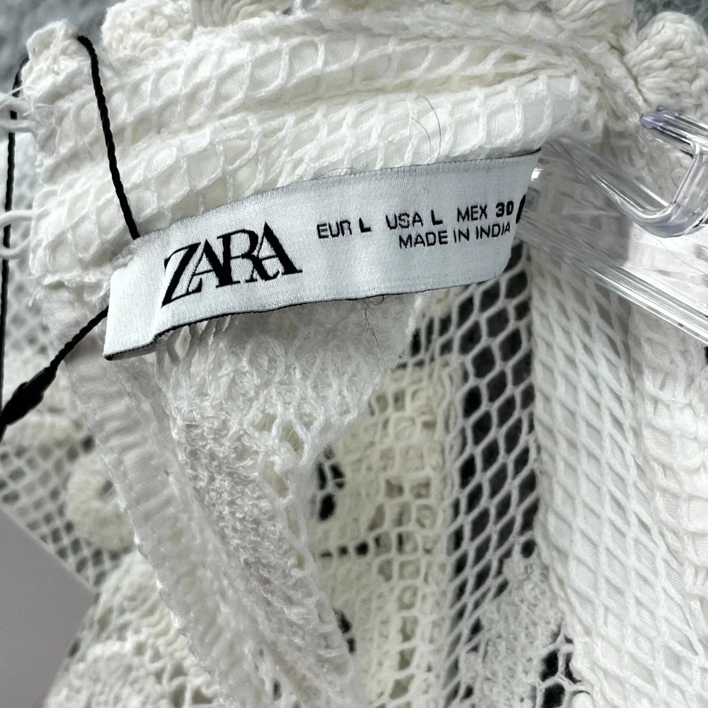 ZARA Crochet Top Womens Large White Floral Embroidered Preppy Classic Minimalist